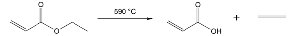 An example of ester pyrolosis. Ethyl acrylate decomposes into acrylic acid and ethene (ethylene) gas at 590°C.