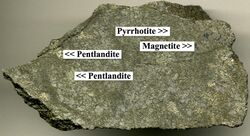 Pentlandite in pyrrhotite, South Mine, Sudbury, Ontario.jpg
