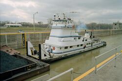 Towboat Elizabeth Marie departing main lock at McAlpine Locks Louisville Kentucky USA Ohio River mile 607 1999 file 99c020.jpg