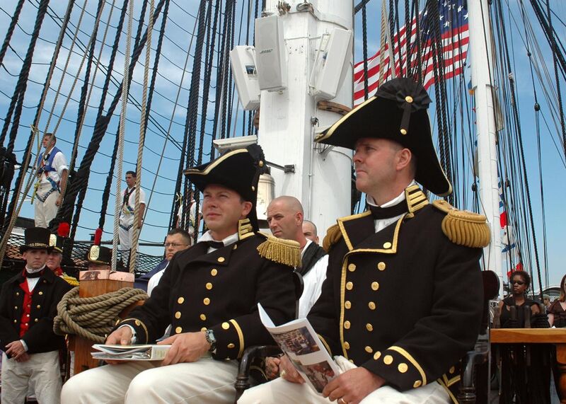 File:US Navy 050730-N-0335C-002 U.S. Navy Cmdr. Thomas C. Graves and Executive Officer Lt. Brad Coletti look on during USS Constitution change of command ceremony.jpg