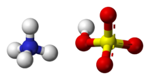 Ball-and-stick model of an ammonium cation (left) and a bisulfite anion (right)