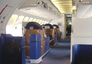 A forward-looking view in the stretched upper deck cabin of later 747s