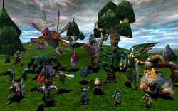 Various creatures, large and small, stand on the slope of a hill. Some of them are humanoid, others are bird-like or insectoid. Several wispy clouds float in the blue sky.