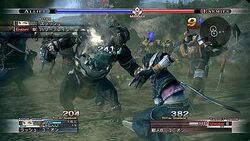 A group of people and monsters in light armor fight, with Rush facing away closest to the viewer. Gauges and boxes filled with text and numbers ring the perimeter of the image.