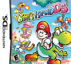 Various Yoshis appear with the playable babies of the game on an island setting. On the front is Green Yoshi with Baby Mario on his saddle.
