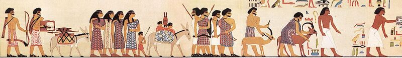 File:Drawing of the procession of the Aamu group tomb of Khnumhotep II at Beni Hassan.jpg