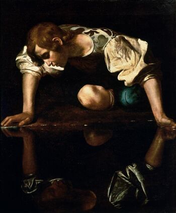 painting of a young man looking into a body of water