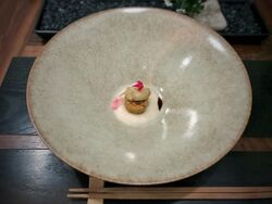 Saki Zuke Kumamoto oyster, turnip gelee, mochi with shiitake mushroom, pickled radish, turnip puree (26029020518).jpg