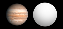 Exoplanet CoRoT-14 b size comparison to Jupiter. Jupiter is on the left and is around 7.6 times less massive than CoRoT-14 b, which is white in colour