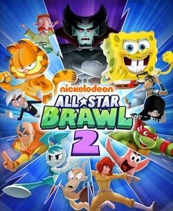 The game's logo, reading "Nickelodeon All Star Brawl 2" is positioned in the center of the image. Lines resembling lightning bolts emerge from behind the logo outwards towards the image's border, forming radial slices in the spaces between them; each slice features a character striking a dynamic action pose. The radial slices are all colored blue, save the slice at the top center, which is purple. Characters appearing within each slice, beginning with the purple slice and moving clockwise around the logo, include: Vlad Plasmius, a ghost man in a white business suit; SpongeBob SquarePants, an anthropomorphic yellow sponge; Korra, a human girl in blue clothes; Lucy Loud, a small human girl in gothic attire; Raphael, an anthropomorphic turtle wearing a red bandana; Patrick Star, an anthropomorphic pink starfish; April O'Neil, a human woman in a yellow jumpsuit; Rocko, an anthopomorphic wallaby in a blue shirt; Jenny Wakeman, a blue and white humanoid robot; Aang, a human boy wearing orange and yellow monastic robes; Danny Phantom, a ghost boy in a black jumpsuit; Garfield, an anthropomorphic orange cat; and Nigel Thornberry, a human man in explorer's clothes.