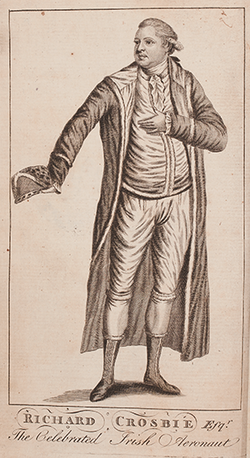 A full-length engraving of a white man in a robe, extending a hand with a fur hat.