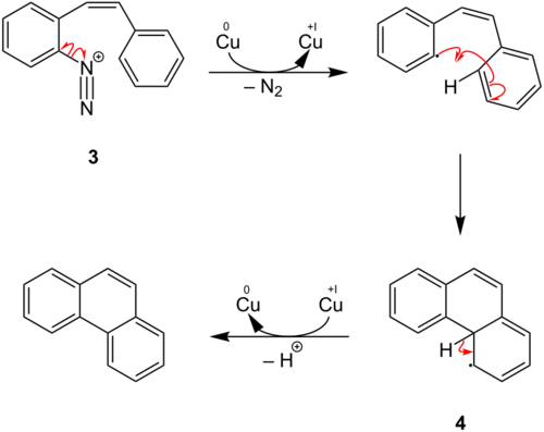 Dritter Teil des Reaktionsmechanismus der Pschorr-Cyclisierung