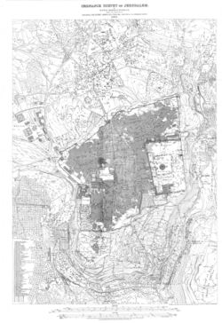 A detailed technical ordnance survey map of Jerusalem from the 19th century