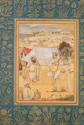 A Musician and Singer Kneel at the Outskirts of a Mughal Camp. A Yogi and a Servant Listen to them, from the Minto Album, c.1630.jpg
