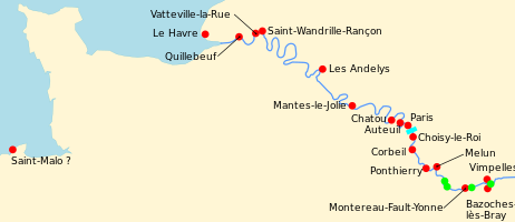 Color map of part of the course of the Seine, including some notable points along the way.