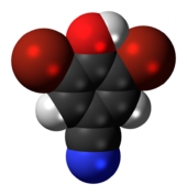 Space-filling model of the bromoxynil molecule