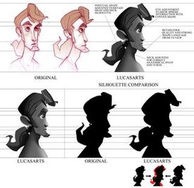 Several concept images of a man's head, with a goatee beard and a ponytail. On the top row, the image shows several refinements and changes between the initial and final designs, while the second row contrasts the silhouettes of the two versions.