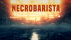 Key art for the game Necrobarista, showing the protagonist standing alone in a warehouse, shoulders hunched.