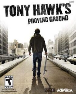 A man with a jacket walking off with his skateboard. The words "Tony Hawk's Proving Ground" appear on the top in all-caps.