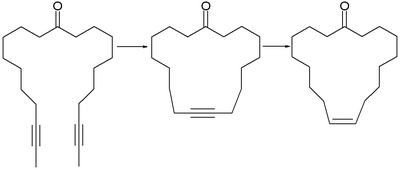 Synthesis of civetone. Step 1 alkyne metathesis, step 2 lindlar reduction