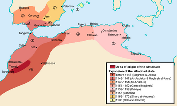 Map of North Africa and Spain, with several shades to mark territories
