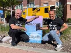 Stephan Ulamec and Patrick Michel on 21 June 2023 in Flagstaff, Arizona (USA) during a break at the Asteroid, Comet, Meteor (ACM) Conference, celebrating the naming of IDEFIX©, the JAXA's MMX mission DLR CNES rover, as its two Co Principal Investigators.