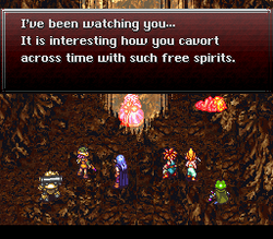 Horizontal rectangular video game screenshot that is a digital representation of a cave. Six characters stand at the bottom of the screen, with a dialog window at the top of the screen displays text.