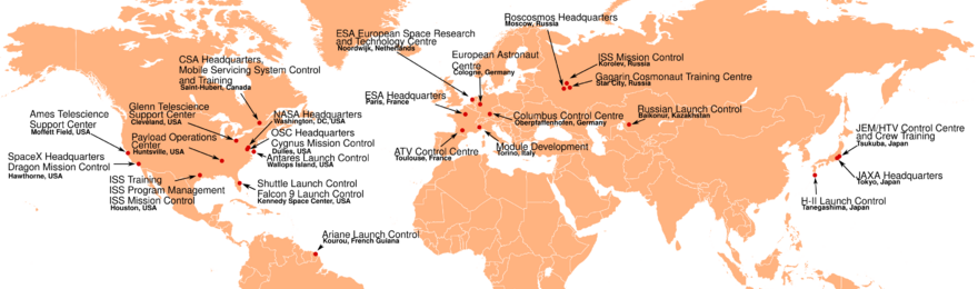 A world map highlighting the locations of space centers. See adjacent text for details.