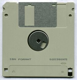 A photo of the reverse side of a Sony-branded 3.5" floppy disk.