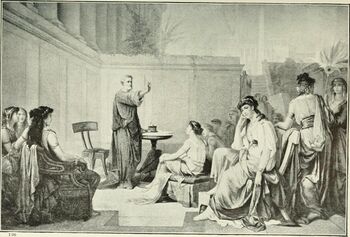 Illustration showing Pythagoras teaching a class of women