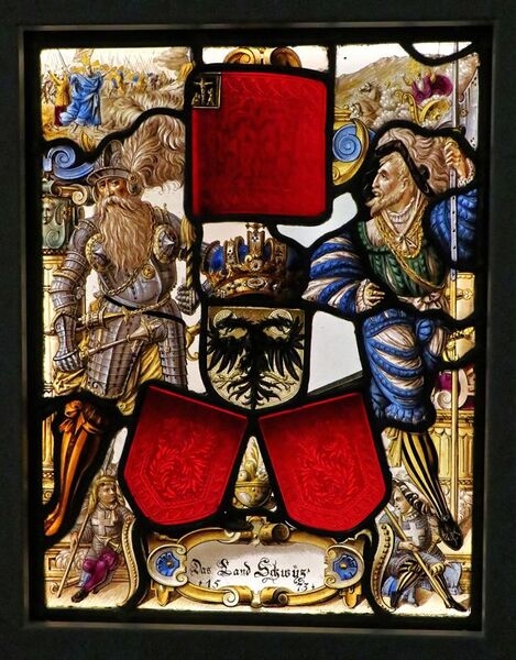 File:Coats of arms of the canton of Schwyz on stained-glass window.jpg