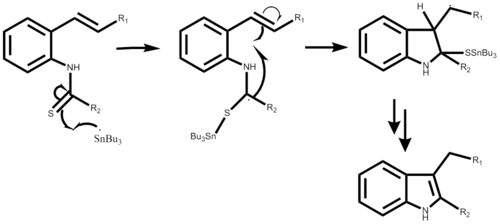 Step-wise mechanism of the Fukuyama Indole Synthesis starting with the alkenylthioanilide substituent.