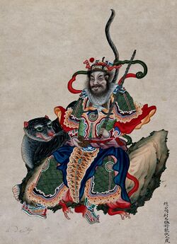 A Chinese deity with sword accompanied by a tiger. Gouache Wellcome V0047141.jpg