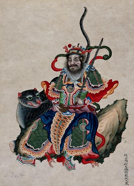 File:A Chinese deity with sword accompanied by a tiger. Gouache Wellcome V0047141.jpg