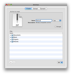Screenshot of creating an archive in iArchiver