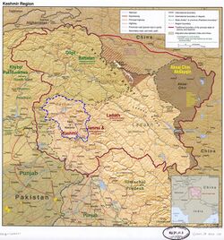 Srinagar lies in the Kashmir division (neon blue) of the Indian-administered Jammu and Kashmir (shaded tan) in the disputed Kashmir region.[1] =