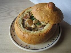 Porcini mushroom soup in breadbowl poland 2010.JPG