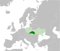 Galicia (dark green) compared with modern-day Poland and Ukraine (light green)
