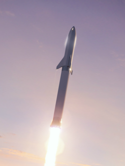 Artist's depiction of a white rocket, consisting of the booster firing its engines and the spacecraft at the top with its fins