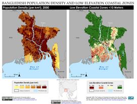 A side-by-side map of the population density of Bangladesh and the Low Elevation Coastal Zone in Bangaldesh.