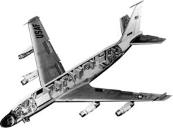 Cutaway layout of an EC-135N, showing the nose in the left foreground and the tail in the right background.