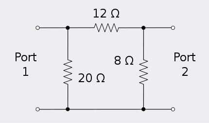 An asymmetrical attenuator in Pi formation with resistor values 20, 12 and 8 left to right