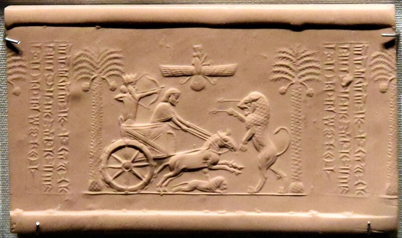 File:The Darius seal. Darius stands in a royal chariot below Ahura Mazda and shoots arrows at a rampant lion. From Thebes, Egypt. 6th-5th century BCE. British Museum (cropped).jpg