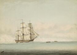 A three-masted wooden ship cresting an ocean swell beneath a cloudy sky. Two small boats tow the ship forward