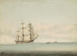 A three-masted wooden ship cresting an ocean swell beneath a cloudy sky. Two small boats tow the ship forward.