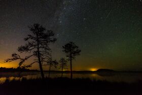 In the photo there is one Perseid, Milky Way and Andromega galaxy and light pollution on the horizon - Luhasoo bog in Estonia.jpg