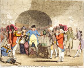 Centre: George III, drawn as a paunchy man with pockets bulging with gold coins, receives a wheel-barrow filled with the money-bags from William Pitt, whose pockets also overflow with coin. To the left, a quadriplegic veteran begs on the street. To the right, George, Prince of Wales, is depicted dressed in rags.