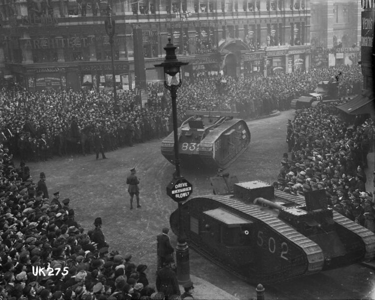 File:Tanks on parade in London at the end of World War I, 1918 (3056450509).jpg