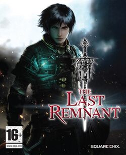 A young man in light armor with medium-length black hair looks at the viewer. Black storm clouds behind him, and embers are seemingly blown towards the left in front of him. The logo with the words "The Last Remnant" centered above each other on three lines is in the lower right, with an ornate sword behind them.