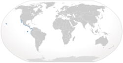 World map with blue shading along the western coast of the Americas from Baja California to Peru, and around the Galapagos and Hawaiian Islands